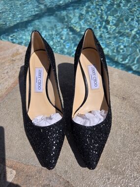 Jimmy Choo Black Glitter Pumps EU 39 US 8.5 Wedding Prom Graduation Heels